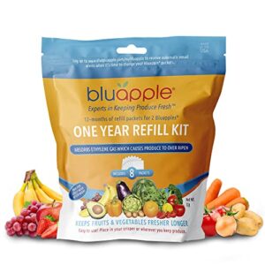 bluapple produce saver refill kit – keep fruits and vegetables fresh longer, 8 veggie and fruit saver packets, each packet lasts up to 3 months, ethylene gas absorber, made in usa