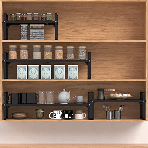 Expandable Cabinet Shelf Organizer Adjustable Metal Spice Rack Stackable Freestanding Counter Storage Shelves for Kitchen Cabinet Under Sink Office Desk (Black - 1Pack - L16.5-27'' * W10.2'' * H9.6'')