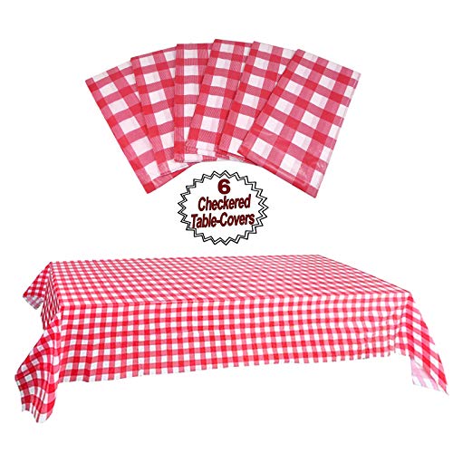 AnapoliZ Plastic Checkered Tablecloth | 6 Pcs Pack - 54” Wide x 108” Long | Red and White Picnic Disposable Table Cover | Rectangular Gingham Tablecover for Birthdays, Carnivals, Parties