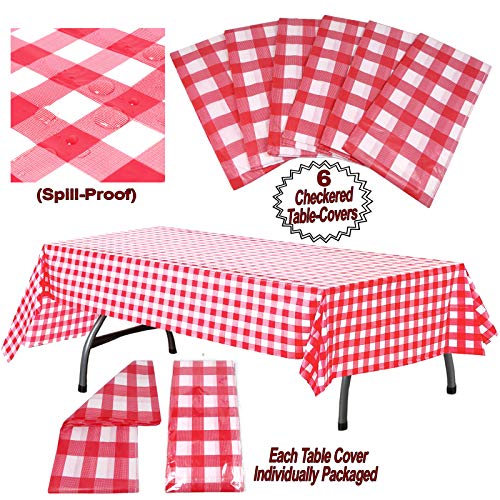 AnapoliZ Plastic Checkered Tablecloth | 6 Pcs Pack - 54” Wide x 108” Long | Red and White Picnic Disposable Table Cover | Rectangular Gingham Tablecover for Birthdays, Carnivals, Parties