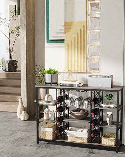 Teraves Modern Wine Rack Table, 47 Inch Wine Baker's Rack with Storage Shelves, 4 Tier Freestanding Wine Rack for Bar, Buffet, Home Kitchen Dining Room Living Room (Black Oak+Black Frame)