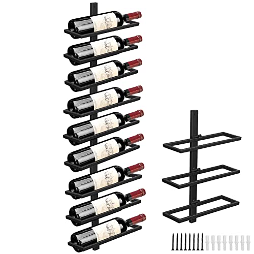 Wall Mounted Wine Bottle Rack Holder Storage Organizer, Industrial Metal Hanging Wine Display Shelf Holds 9 Bottles, Separable Wall Wine Rack for Wine Theme Decor Beverages Liquor Bottle Storage