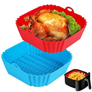 boribim 2 pcs square silicone air fryer liners – 8 inch reusable air fryer pot – air fryer accessories – air fryer inserts for 4 to 7 qt for oven microwave accessories (red + blue)