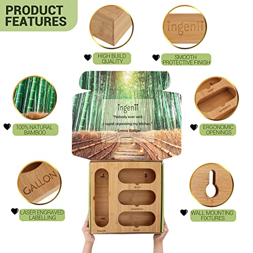 ingenii Ziplock Bag Organizer, Bamboo Organizer, Plastic Bag Organizer for Kitchen, Compatible with Gallon, Quart, Sandwich and Snack Variety Size Bag