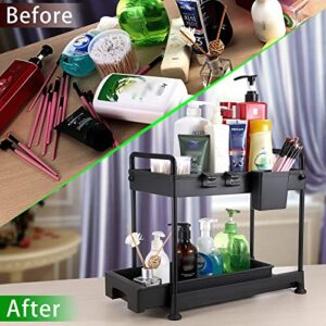 UBeesize 2 Pack Bathroom Organizer Basket Drawers, Slide Out Under Sink Cabinet Organizers and Storage for Bathroom Countertop Bathroom Sink Organizer with Hooks and Cups,Pull Out Under Sink Shelf