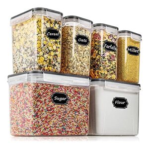 wildone airtight food storage containers cereal & dry food storage container set of 6(black lid), leak-proof & bpa free, with 1 measuring cup & 20 chalkboard labels & 1 chalk marker
