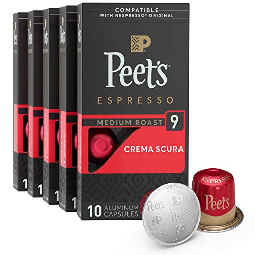 Peet's Coffee, Medium Roast Espresso Capsules Compatible with Nespresso Original Machine, Crema Scura Intensity 9, 50 Count (5 Boxes of 10 Espresso Pods)