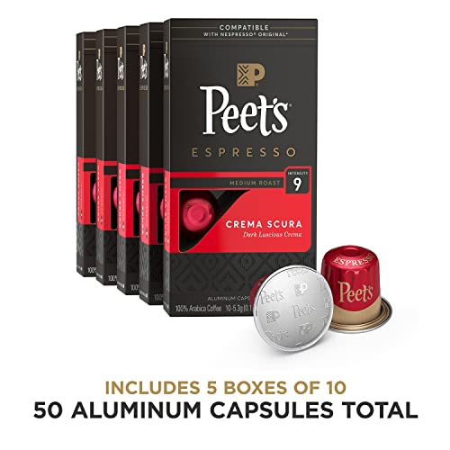 Peet's Coffee, Medium Roast Espresso Capsules Compatible with Nespresso Original Machine, Crema Scura Intensity 9, 50 Count (5 Boxes of 10 Espresso Pods)