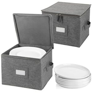 popoly China Storage Containers Inside 12" W x 8" H, Dinnerware Storage Box for Dishes Plate Storage with 24 Felt Dividers, Hold 24 Plates, Hard Shell and Stackable (2 Pack Grey)