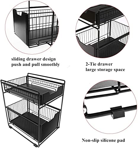 CBYJK Stackable 2-Tie Under Sink Cabinets Organizer With Sliding Storage Drawer, Under Sink, Pull Out Cabinets Organizer Shelf, Sliding Basket Organizer Drawer For Kitchen, Bathroom, Office, Black