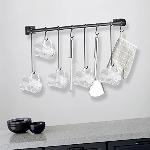 SIMVE Coffee Mug Rack Wall Mounted,Modern Hanging Tea Cup Holder,Metal 15.7" Rail with 8 Utensil Hooks,Rustic Storage Hanger for Cafe Bar,Dining,Corner Nook,Matte Black