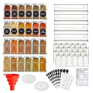 talented kitchen 4 stainless steel spice racks wall mount organizer for cabinet door with 24 empty 4oz glass jars, 269 clear seasoning labels (2 styles)