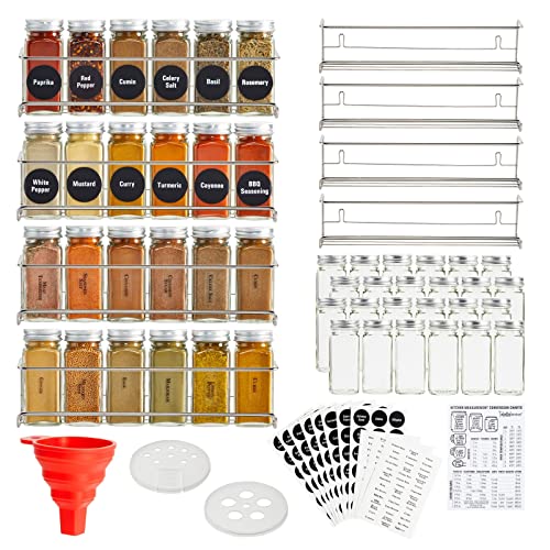 Talented Kitchen 4 Stainless Steel Spice Racks Wall Mount Organizer for Cabinet Door with 24 Empty 4oz Glass Jars, 269 Clear Seasoning Labels (2 Styles)