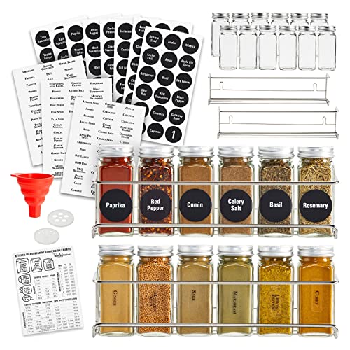 Talented Kitchen 4 Stainless Steel Spice Racks Wall Mount Organizer for Cabinet Door with 24 Empty 4oz Glass Jars, 269 Clear Seasoning Labels (2 Styles)