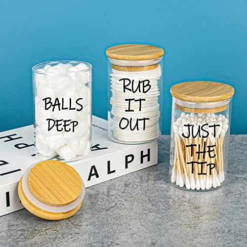 Glass Qtip Holder Dispenser Apothecary Jars, Storage Container with Bamboo Lid and Label, Bathroom Countertop Organizer for Cotton Swabs, Balls, Cotton Pad, Floss & More - Set of 3