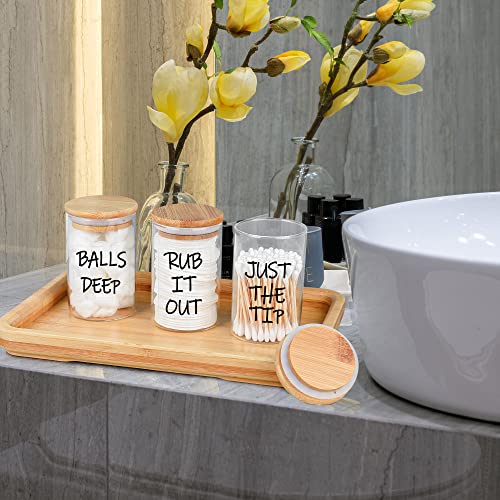 Glass Qtip Holder Dispenser Apothecary Jars, Storage Container with Bamboo Lid and Label, Bathroom Countertop Organizer for Cotton Swabs, Balls, Cotton Pad, Floss & More - Set of 3