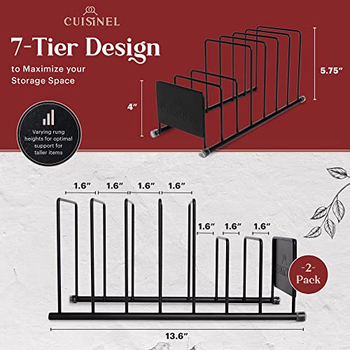 Lid and Dish Organizer Rack - 2-Pack Matte Black Kitchen Storage Organization Stand - Plate Holder, Pan/Pots Covers, Cutting Board and Cookie Sheet Divider - 7-Tier Cabinet/Counter Display Organizers