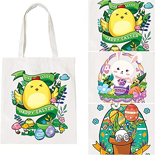 Sakmilu Easter Tote Bags for Kids, 3 PCS Large Cotton Bunny Egg Canvas with Handle, Reusable Grocery Shopping Gift Goodie Eggs Hunt, Basket, Party Favor Supplies White