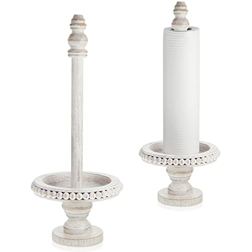 Farmhouse Paper Towel Holder Kitchen Countertop Wood Paper Towel Stand, Standing Paper Towel Dispenser Rack, White Washed Beaded Roll Paper Towel Stand and Non Woven Paper Towel for Kitchen Toilet