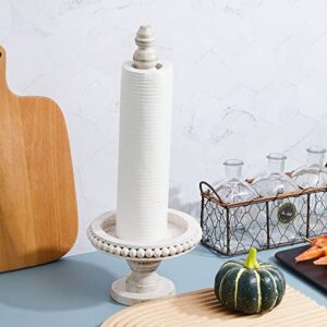 Farmhouse Paper Towel Holder Kitchen Countertop Wood Paper Towel Stand, Standing Paper Towel Dispenser Rack, White Washed Beaded Roll Paper Towel Stand and Non Woven Paper Towel for Kitchen Toilet