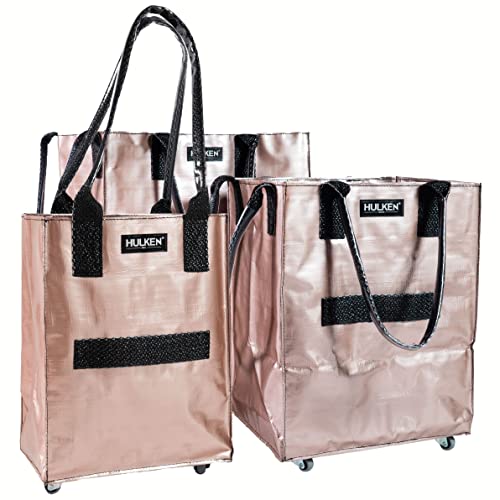 HULKEN - (Medium, Rose Gold Reusable Grocery Bag On Wheels, Shopping Trolley, Lightweight, Carries Up To 66 lb, Folds Flat, Unbreakable Handles