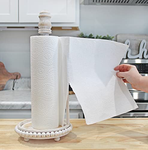 AuldHome Farmhouse Paper Towel Holder (Whitewashed); Wooden Beaded Rustic Disposable Towel Dispenser for Countertop