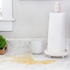 AuldHome Farmhouse Paper Towel Holder (Whitewashed); Wooden Beaded Rustic Disposable Towel Dispenser for Countertop