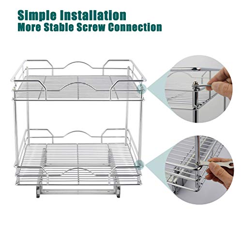 OCG Pull Out Drawer Cabinet Organizer（20" W x 18" D x 16.4" H, 2 Tier Heavy Duty Slide Out Kitchen Cabinet Storage Shelves, Sliding Drawer for Cabinet, Wire Frame, Chrome Finish