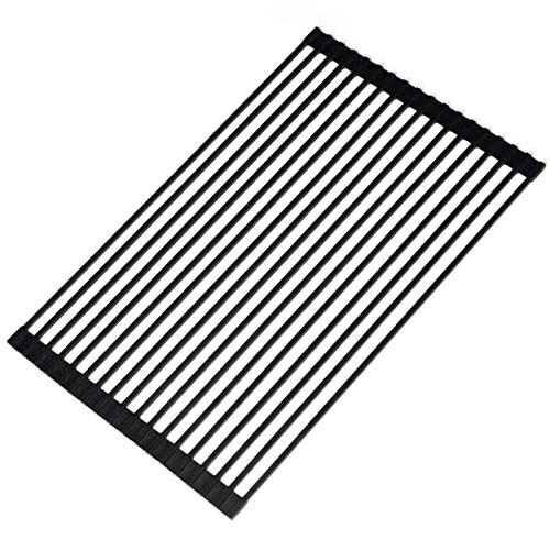 Ahyuan Large Roll up Dish Drying Rack 20.5'' Silicone Over Sink Dish Drying Rack Cubic Silicone Wrapped Steel Solid Bars Dish Racks for Kitchen Counter Sink Drying Rack (Matte Black, Large20.5"Lx13"W)