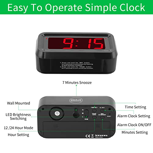 KWANWA Alarm Clock, Wall Clock, Battery Operated, Adjustable 3-Level Led Brightness, Dim Night Model, 12/24Hr, Cordless, Constantly 1.2'' Red Digits Display, Small Clock for Bedroom