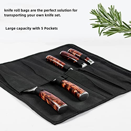 Knife Roll, Chef's Knife Roll Bag, Portable Travel Knife Case for 5 Knives, Kitchen Knife Holder Carrier, Heavy Duty Oxford Knife Organizer Bag(Knives not Included）