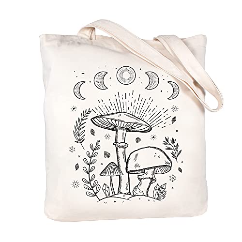 Canvas Tote Bag for Women Aesthetic Cute Mushroom Tote Bag Vintage Reusable Grocery Bags Book Tote Shopping Bag-Zipper