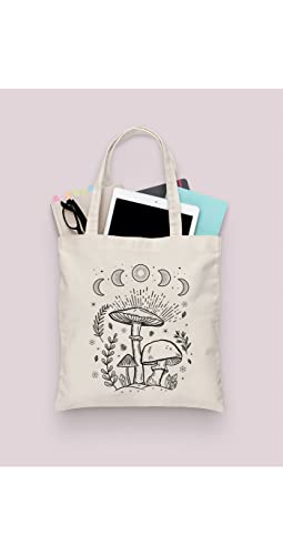 Canvas Tote Bag for Women Aesthetic Cute Mushroom Tote Bag Vintage Reusable Grocery Bags Book Tote Shopping Bag-Zipper