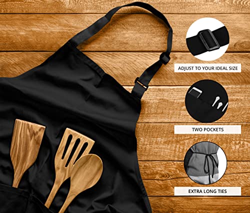 Utopia Kitchen Adjustable Bib Apron (2-Pack) Water Oil Resistant Chef Cooking Kitchen Aprons with Pockets for Men Women (Black)