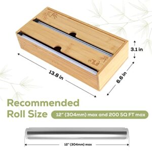 IOCREATIVE 2 in 1 Bamboo Wrap Dispenser for Aluminum Foil, Plastic Food Wrap, Wax Paper Roll Storage - Slide Cutter - Kitchen Organizer Holder Solution for Cabinet Drawer, Wall Mount - for 12" Rolls