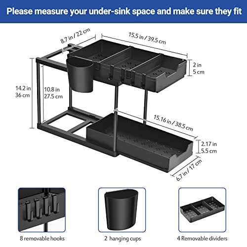 Puricon 2 Pack Under Sink Organizers and Storage 2-Tier Double Sliding Pull-out Drawer, Under the Sink Organizer Kitchen Multi-purpose Under Bathroom Sink Shelf Storage Rack for Cabinet -Black