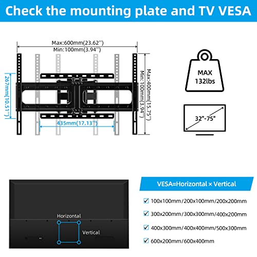 HOMEVISION Full Motion TV Wall Mount for Most 32-75 inch TVs, TV Mount Swivel and Tilt with Dual Articulating Arms,TV Wall Mount Bracket Holds up to132lbs Max VESA 600x400mm Fits 12/16" Wood Stud