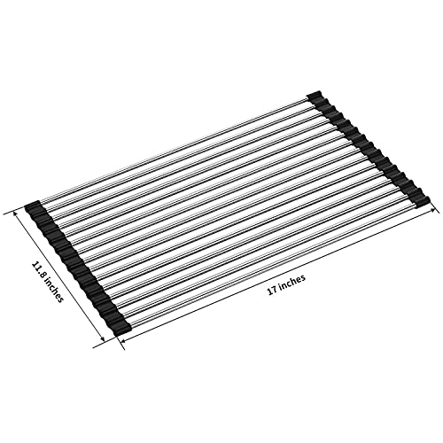 Roll up Dish Drying Rack RV Folding Over Sink 304 Stainless Steel in Kitchen Dish Drainer Heat Resistant Mat Multipurpose Portable Dish Trainer,Black,17x12inches