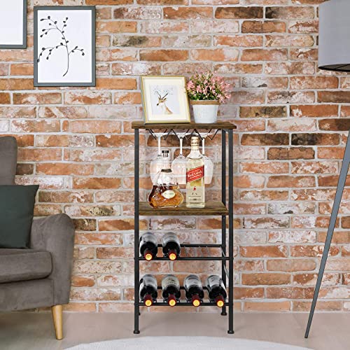 Wood Wine Rack Free Standing Floor, Industrial Wine Display Shelves with Glass Holder Rack & 8 Bottles Holder, Multifunctional Wine Bar Cabinet for Kitchen Dining Room Pantry Cellar, Rustic Brown