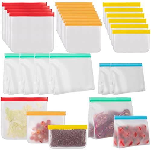 ANPHSIN 24 Pack Reusable Food Storage Bags- Stand Up & Flat Ziplock Bags BPA Free Freezer Bags, 10 Leakproof Sandwich Bags, 8 Food Grade Gallon Bags, 6 Resealable Snack Bags for Meat Veggies Fruit