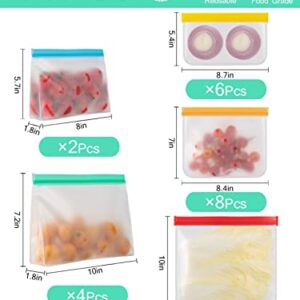 ANPHSIN 24 Pack Reusable Food Storage Bags- Stand Up & Flat Ziplock Bags BPA Free Freezer Bags, 10 Leakproof Sandwich Bags, 8 Food Grade Gallon Bags, 6 Resealable Snack Bags for Meat Veggies Fruit