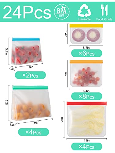 ANPHSIN 24 Pack Reusable Food Storage Bags- Stand Up & Flat Ziplock Bags BPA Free Freezer Bags, 10 Leakproof Sandwich Bags, 8 Food Grade Gallon Bags, 6 Resealable Snack Bags for Meat Veggies Fruit