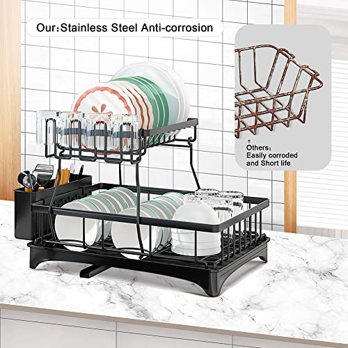 Dish Drying Rack for Kitchen Counter with Dryer Mat, 2-Tier Large Capacity Dish Racks Over The Sink and Drainboard with Drainage, Stainless Steel Anti-Rust Sink Dish Strainer with Utensils Holder