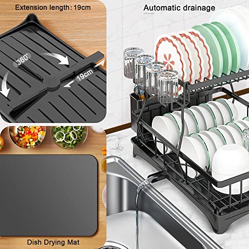 Dish Drying Rack for Kitchen Counter with Dryer Mat, 2-Tier Large Capacity Dish Racks Over The Sink and Drainboard with Drainage, Stainless Steel Anti-Rust Sink Dish Strainer with Utensils Holder