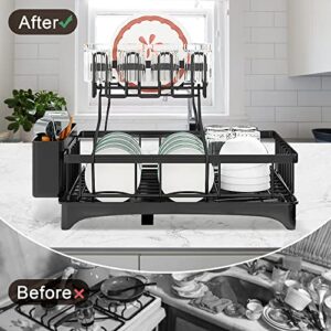 Dish Drying Rack for Kitchen Counter with Dryer Mat, 2-Tier Large Capacity Dish Racks Over The Sink and Drainboard with Drainage, Stainless Steel Anti-Rust Sink Dish Strainer with Utensils Holder