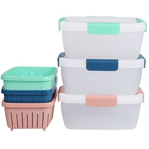 shopwithgreen 3 Pack 68oz Berry Keeper Container, Fruit Produce Saver Food Storage Containers with Removable Drain Colanders, Vegetable Fresh Keeper Set | Refrigerator Organizer
