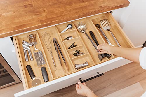 KitchenEdge Adjustable Kitchen Drawer Organizer for Utensils and Junk, Expandable to 33 Inches Wide, 9 Compartments, 100% Bamboo