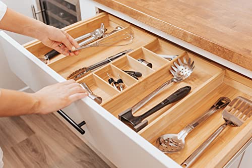 KitchenEdge Adjustable Kitchen Drawer Organizer for Utensils and Junk, Expandable to 33 Inches Wide, 9 Compartments, 100% Bamboo