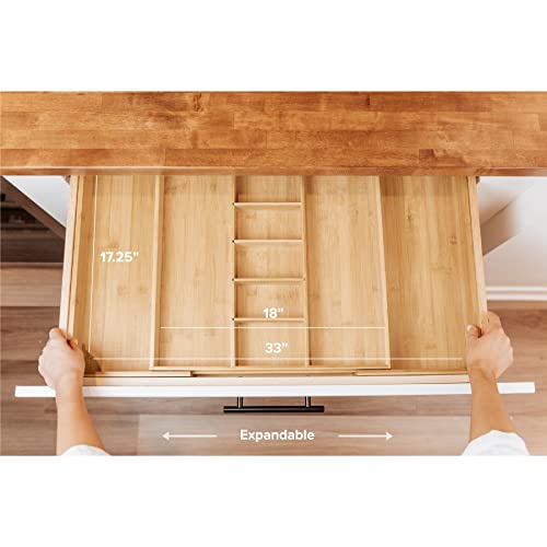 KitchenEdge Adjustable Kitchen Drawer Organizer for Utensils and Junk, Expandable to 33 Inches Wide, 9 Compartments, 100% Bamboo