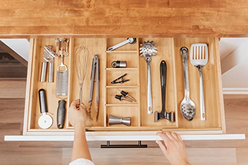 KitchenEdge Adjustable Kitchen Drawer Organizer for Utensils and Junk, Expandable to 33 Inches Wide, 9 Compartments, 100% Bamboo